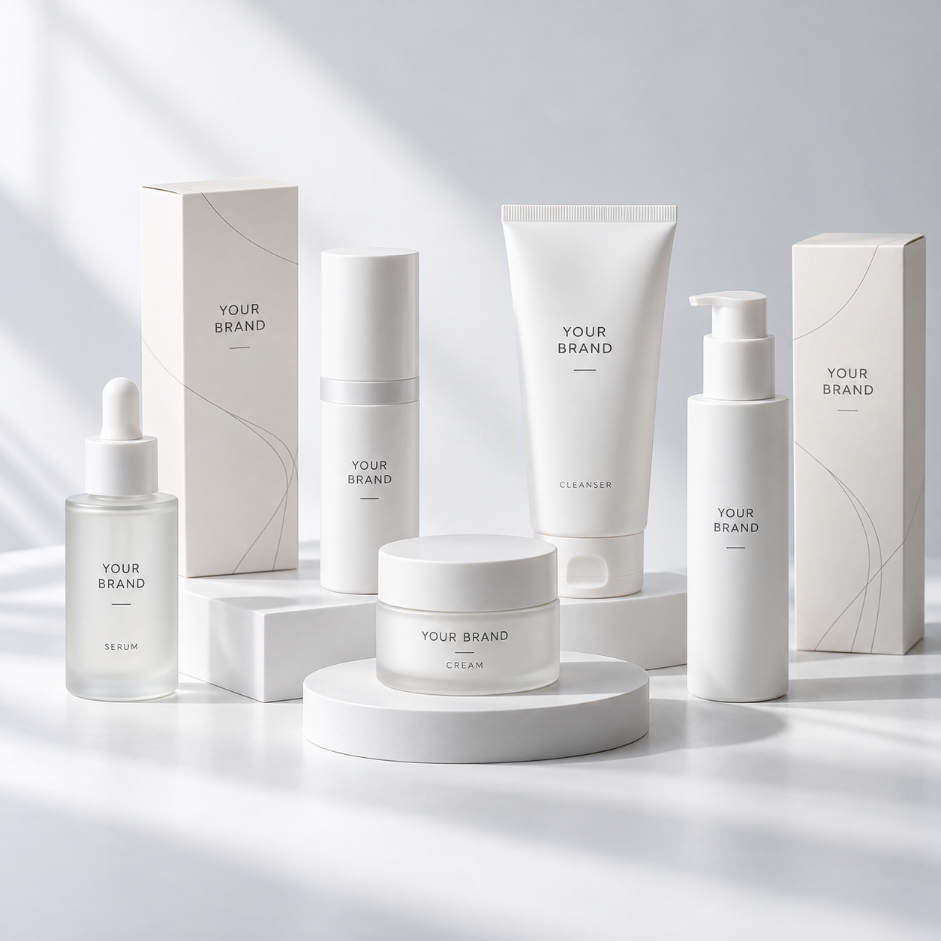 Bộ chai serum, hũ kem và tuýp mỹ phẩm YOUR BRAND trên nền sáng